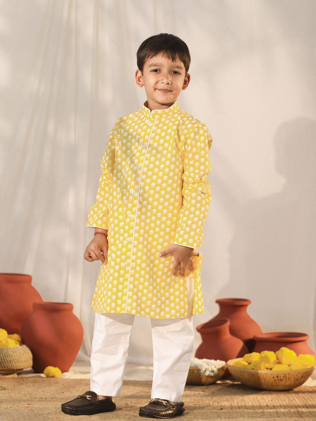 VASTRAMAY Yellow Cotton Printed Siblings Matching Set