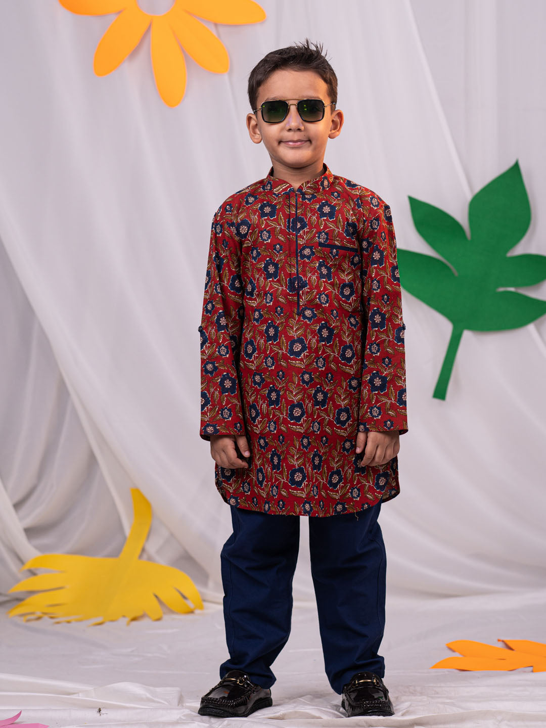 VASTRAMAY Boys' Rust Brown Floral Kurta Pyjama Set