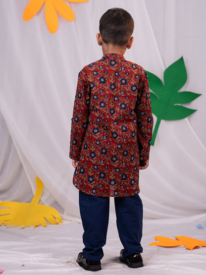 VASTRAMAY Boys' Rust Brown Floral Kurta Pyjama Set