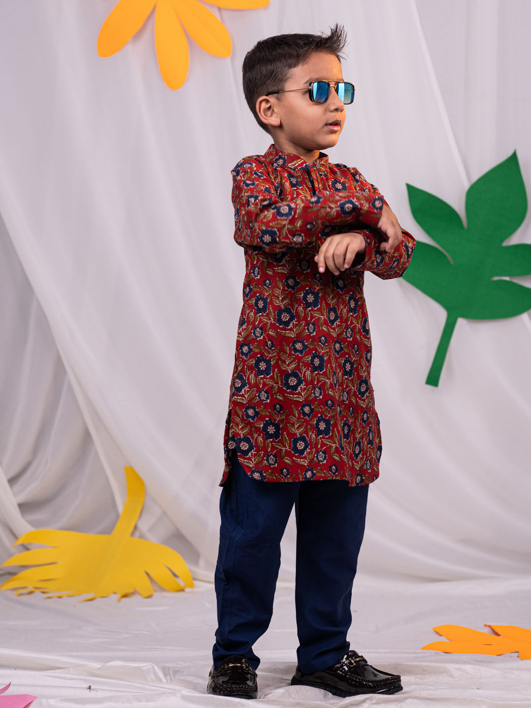 VASTRAMAY Boys' Rust Brown Floral Kurta Pyjama Set