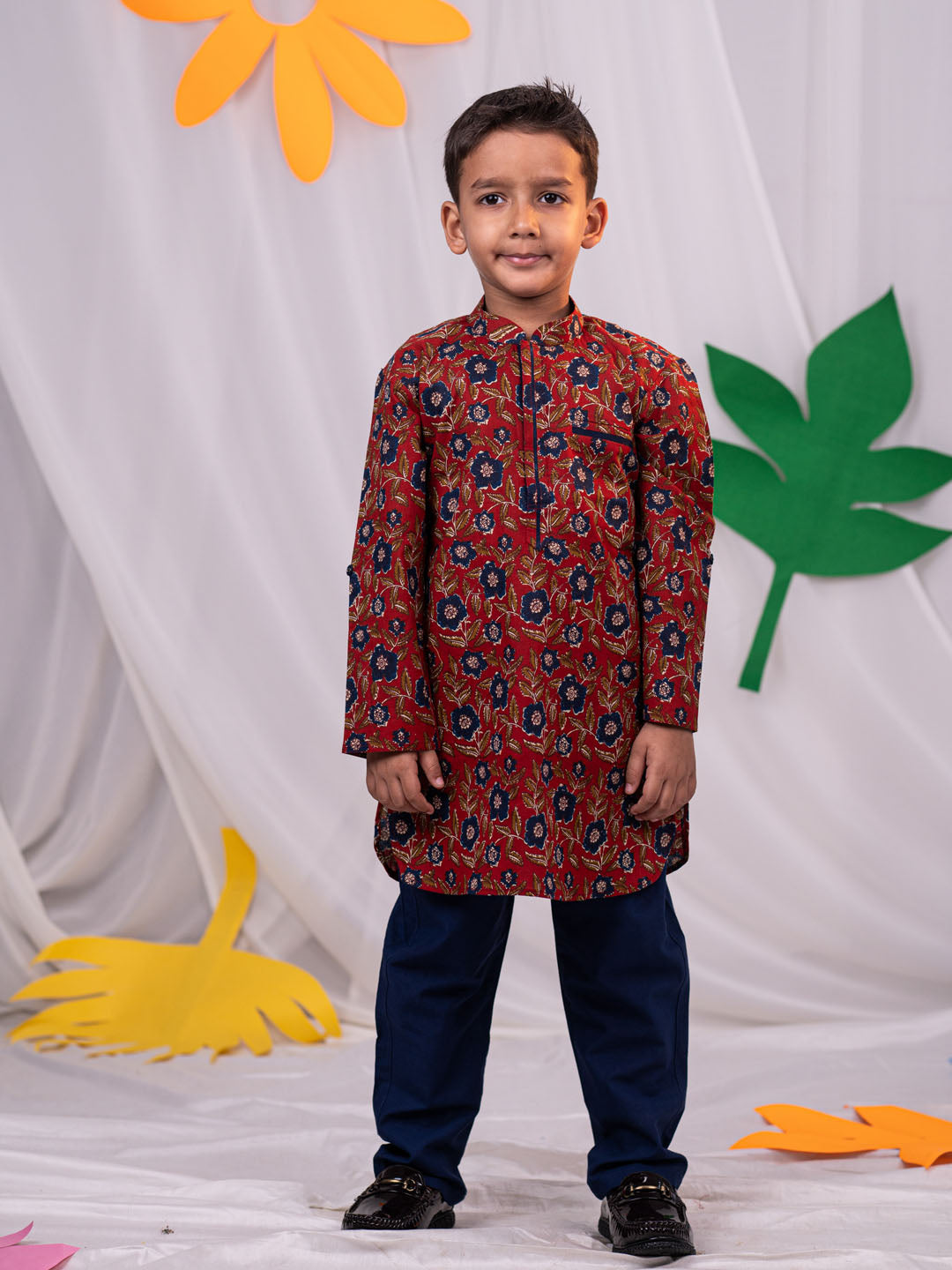 VASTRAMAY Boys' Rust Brown Floral Kurta Pyjama Set