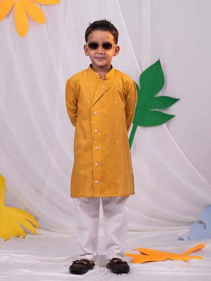 VASTRAMAY Boys' Mustard Self Design Kurta Pyjama Set