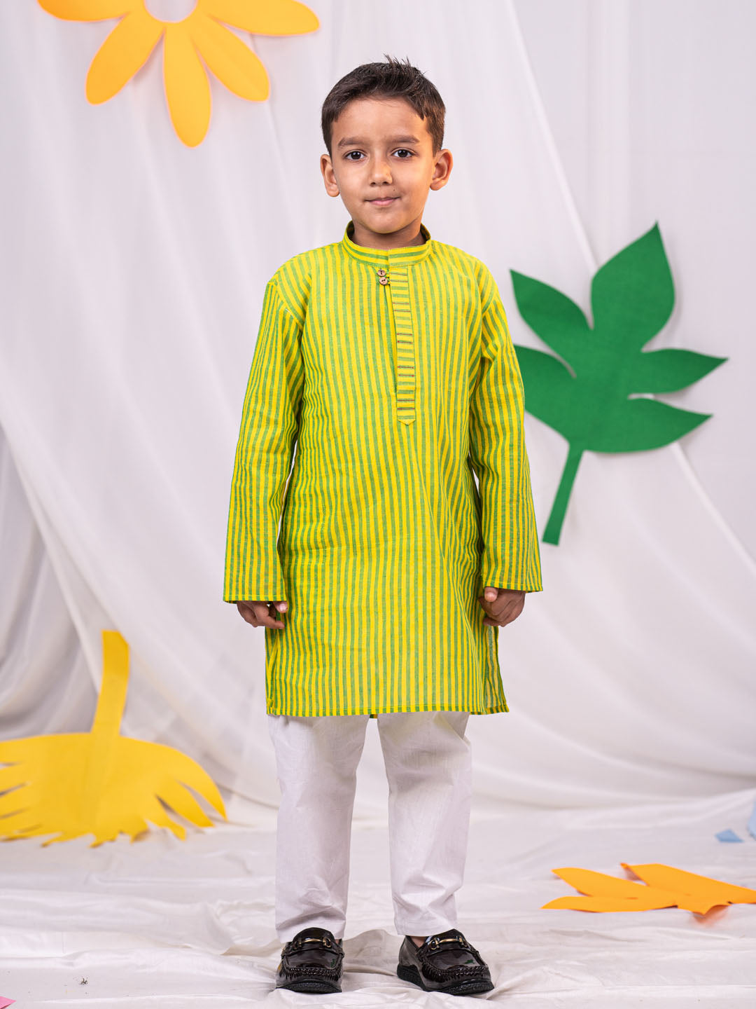 VASTRAMAY Boys' Lime Green Striped Cotton Kurta Pyjama Set