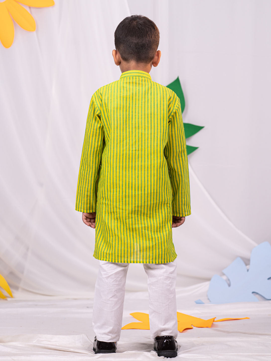 VASTRAMAY Boys' Lime Green Striped Cotton Kurta Pyjama Set