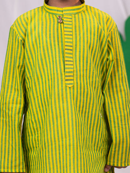 VASTRAMAY Boys' Lime Green Striped Cotton Kurta Pyjama Set