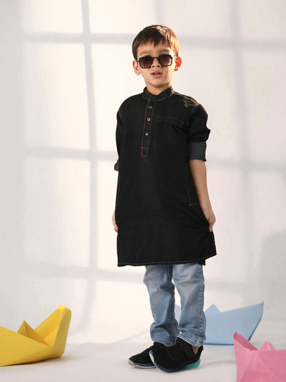 VASTRAMAY Boys' Black Denim Kurta