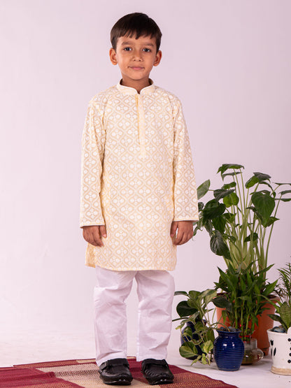 VASTRAMAY Boys' Yellow Chikankari Worked Cotton Kurta Pyjama Set