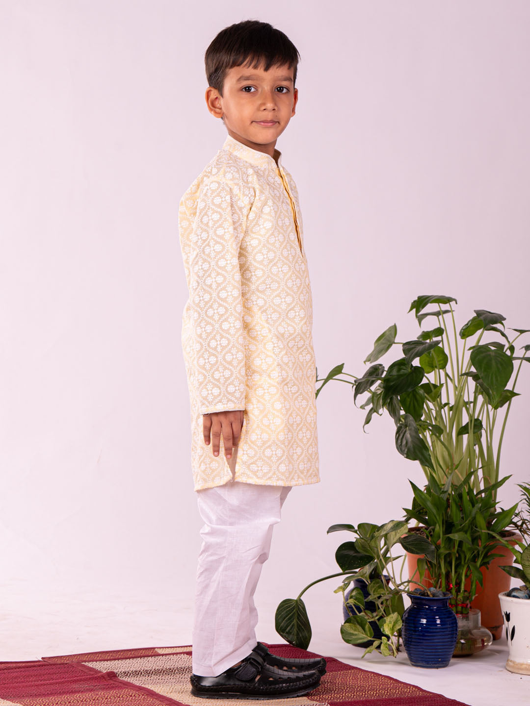 Vastramay Boy's Yellow Chikankari Worked Cotton Kurta Pyjama Set