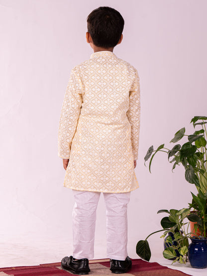 Vastramay Boy's Yellow Chikankari Worked Cotton Kurta Pyjama Set