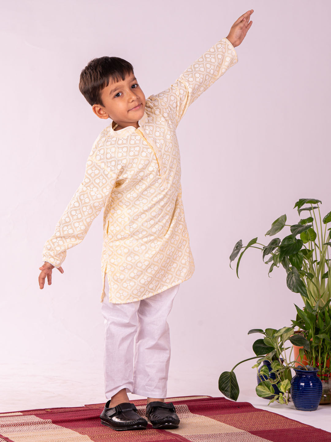 Vastramay Boy's Yellow Chikankari Worked Cotton Kurta Pyjama Set