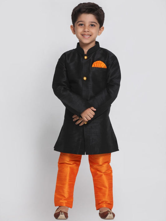 Vastramay Boys' Black Silk Blend Sherwani