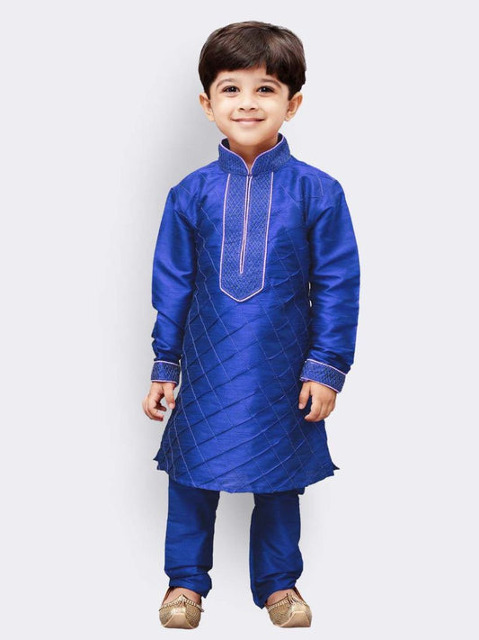 Vastramay Boys' Blue Cotton Silk Kurta and Pyjama Set