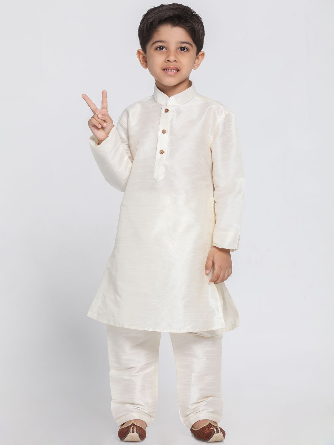 Vastramay Boys' Cream Cotton Silk Blend Kurta and Pyjama Set