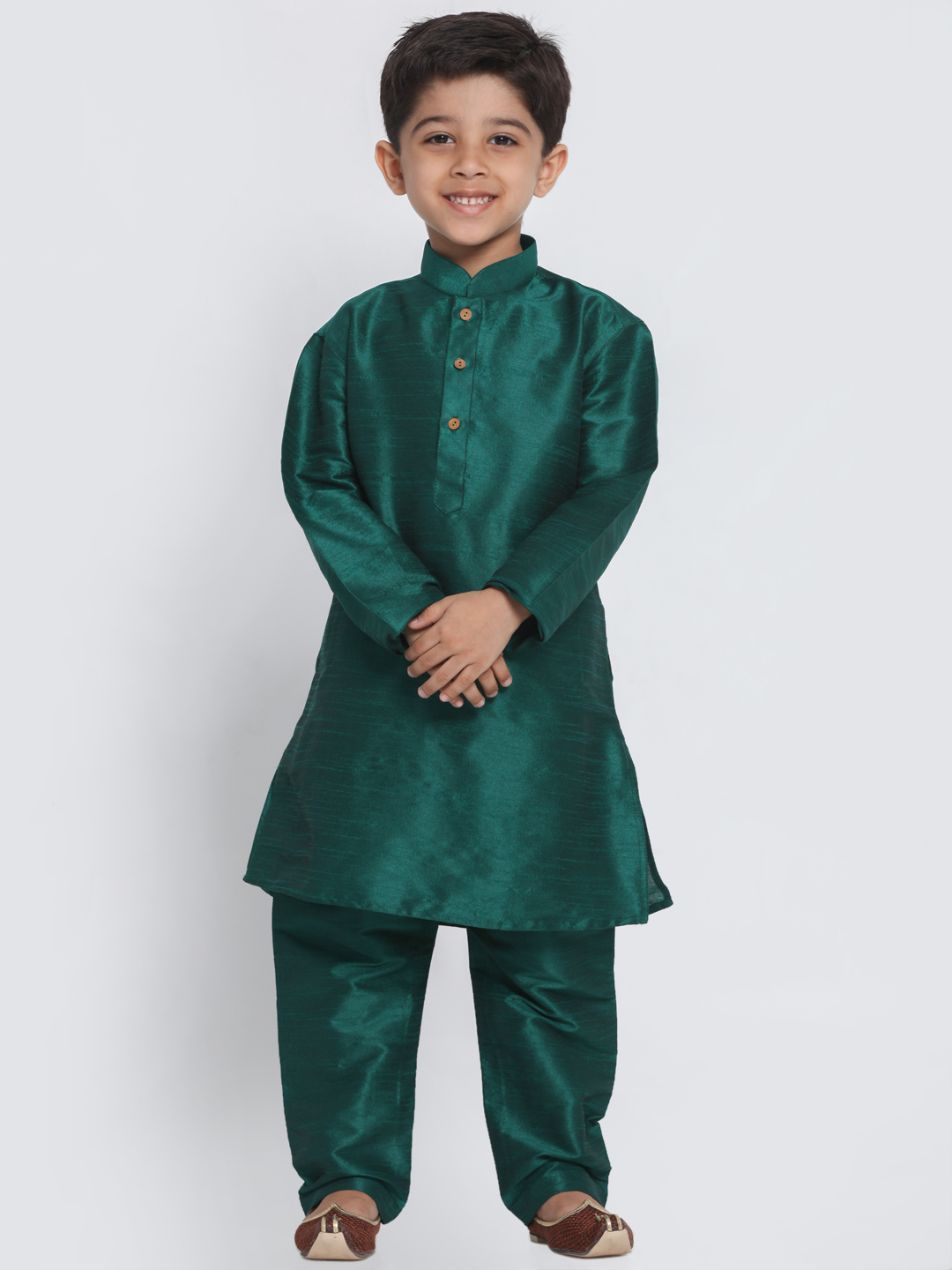 Vastramay Boys' Green Cotton Silk Blend Kurta and Pyjama Set