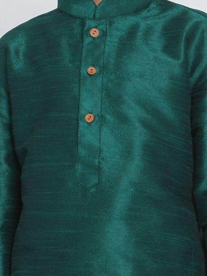 Vastramay Boys' Green Cotton Silk Blend Kurta and Pyjama Set