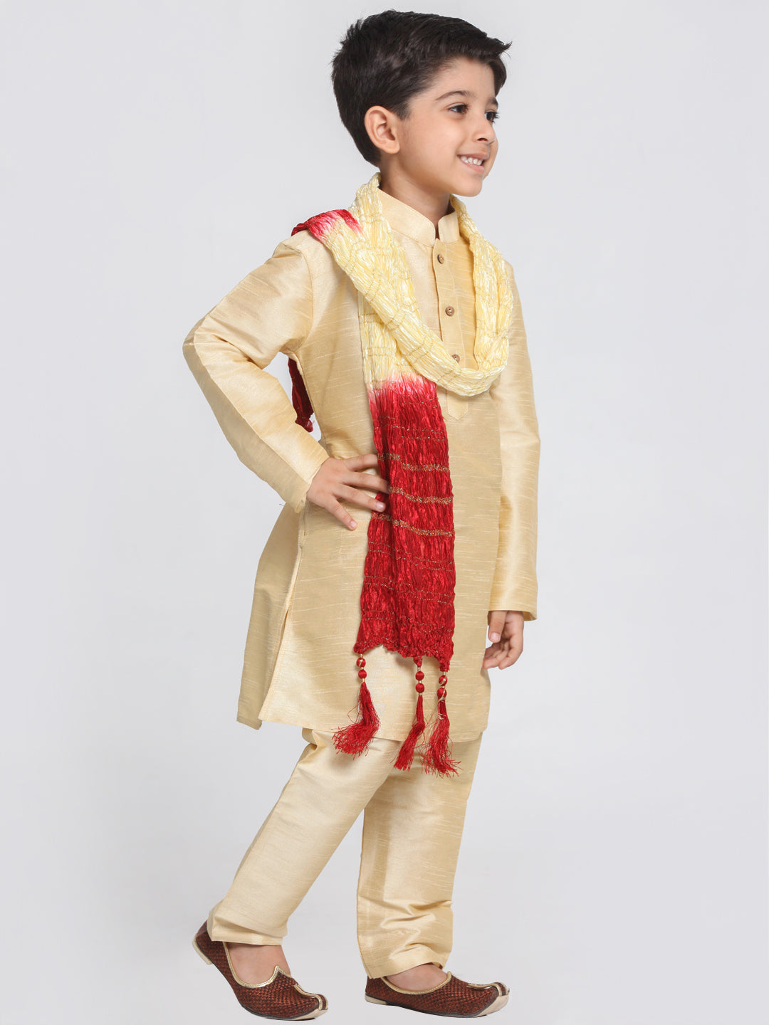 Vastramay Silk Blend Gold Baap Beta Kurta Pyjama And Dupatta Set