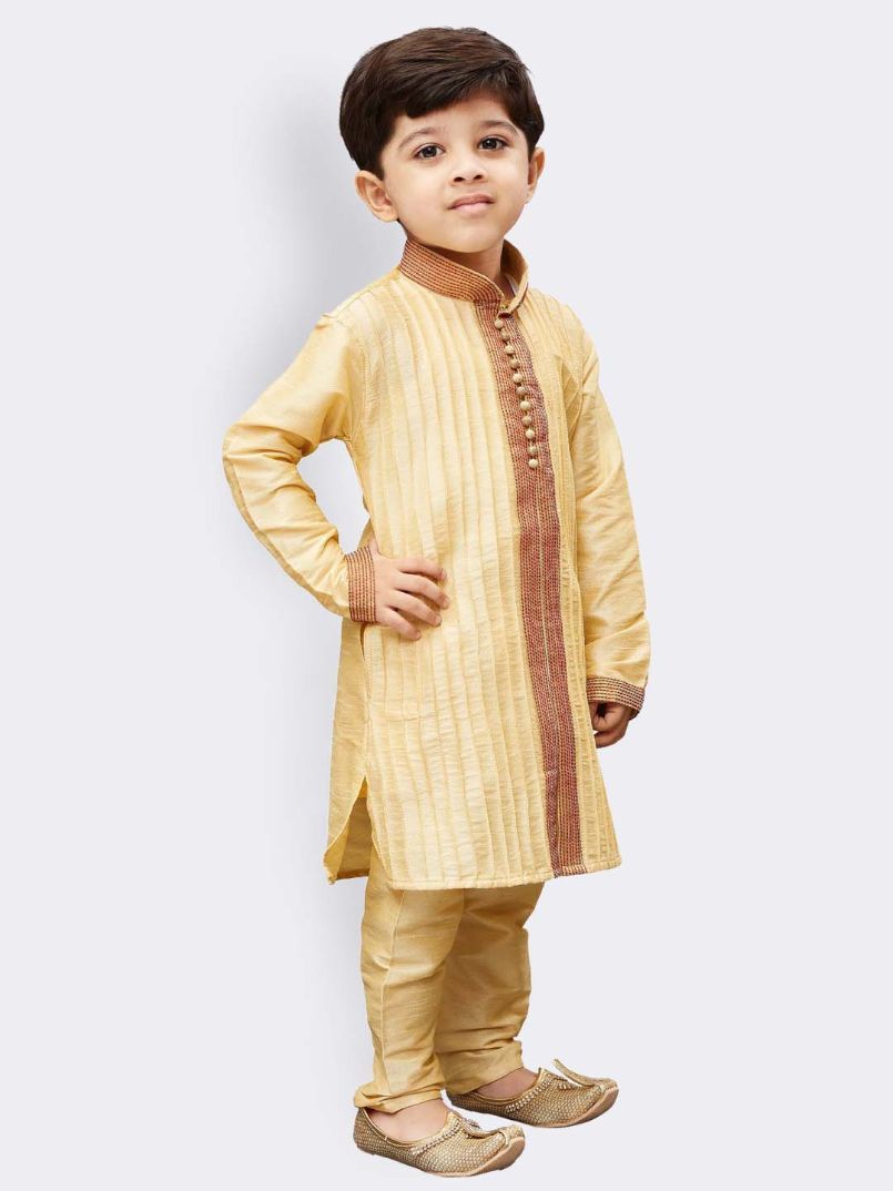 Vastramay Boys' Gold Cotton Silk Kurta and Pyjama Set