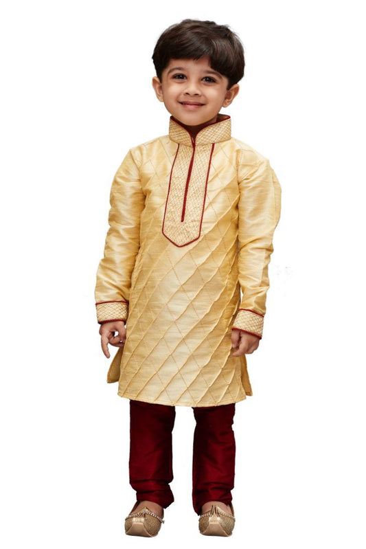 Vastramay Boys' Gold Cotton Silk Kurta and Pyjama Set