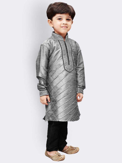 Vastramay Boys' Grey Cotton Silk Kurta and Pyjama Set