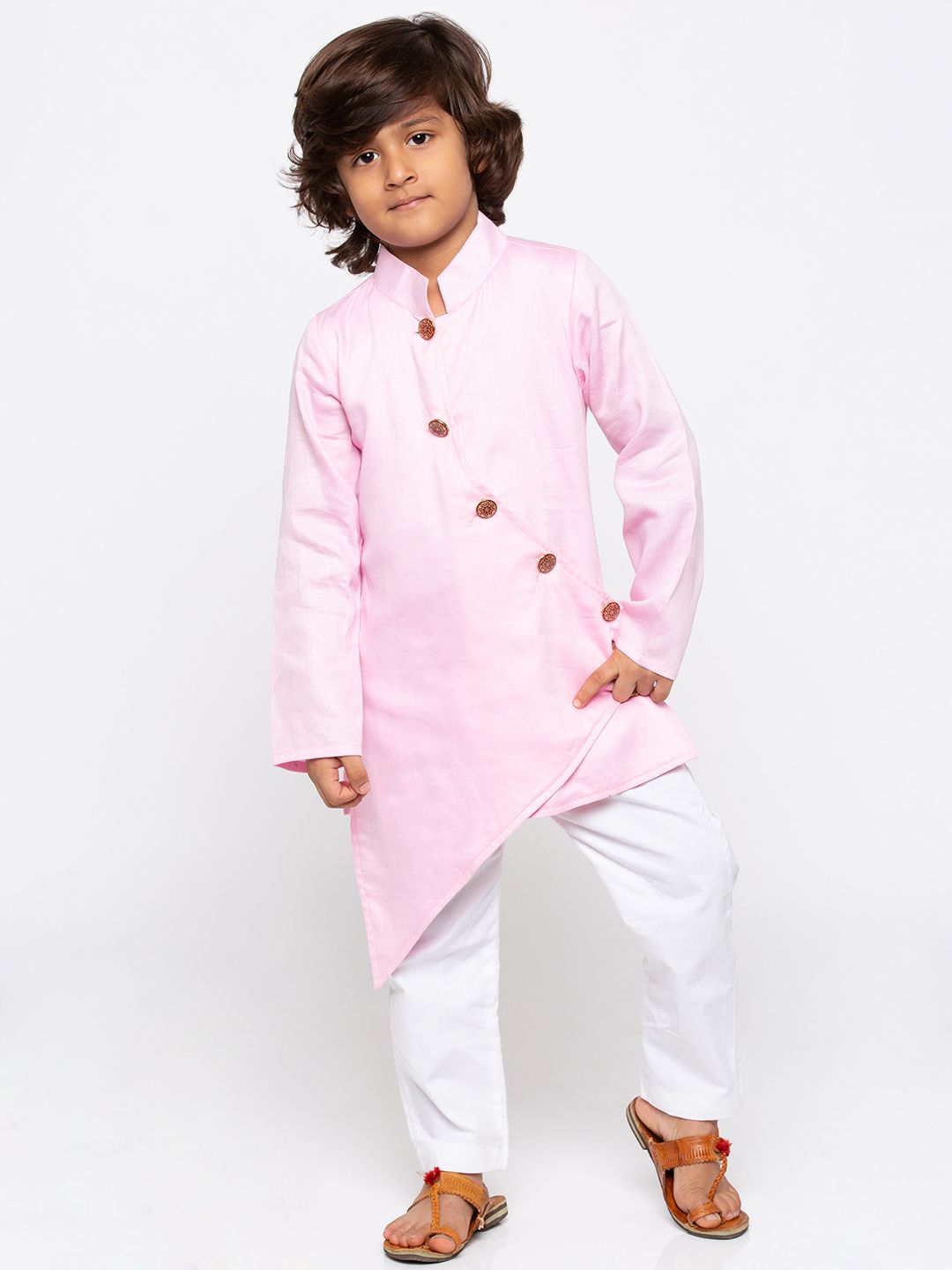 JBN CREATION Boys' Pink Cotton Silk Kurta and Pyjama Set