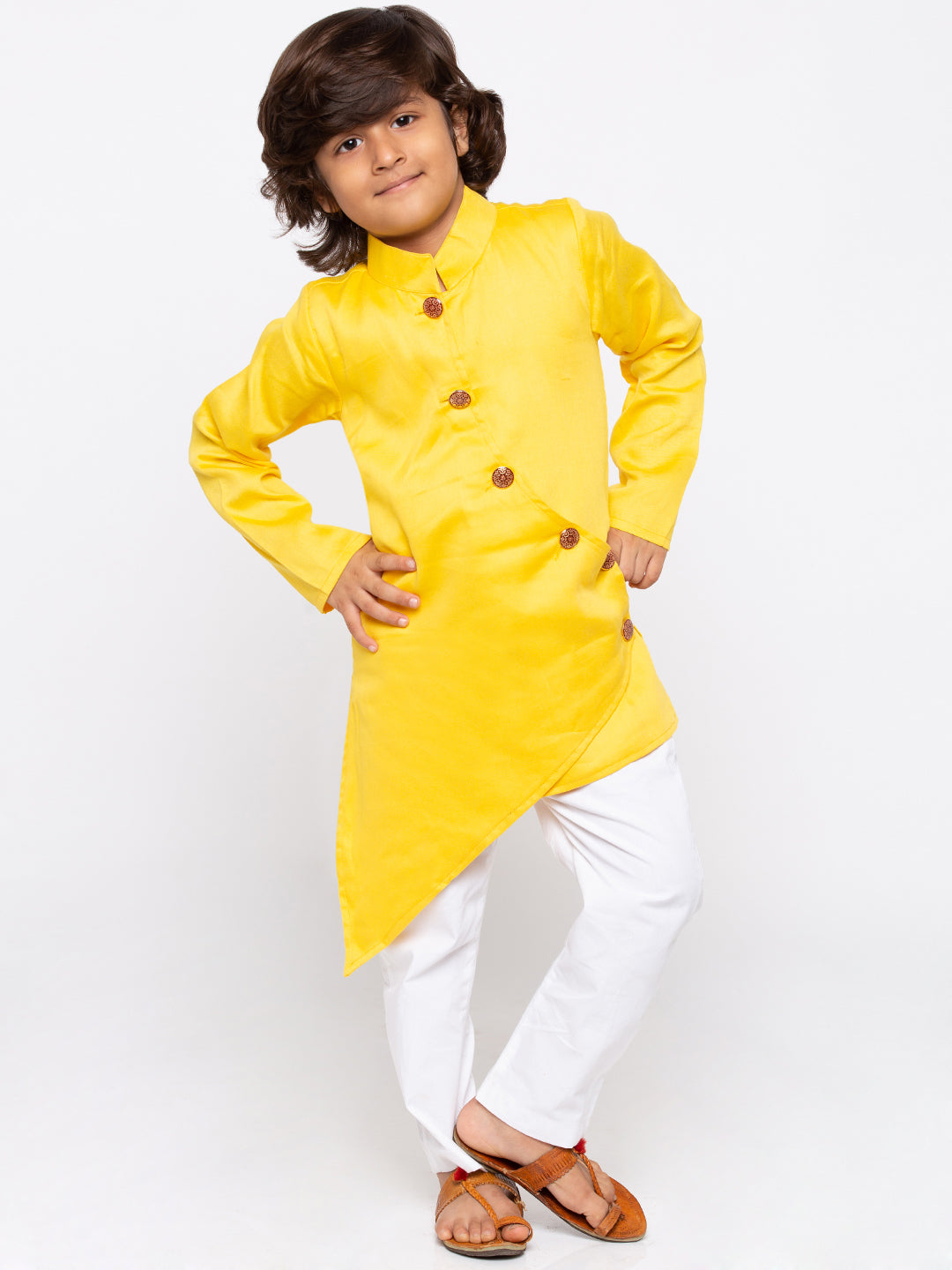 JBN CREATION Boys' Yellow Cotton Silk Kurta and Pyjama Set