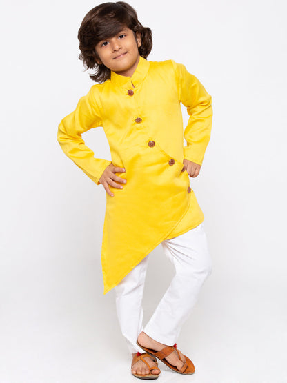 JBN CREATION Boys' Yellow Cotton Silk Kurta and Pyjama Set