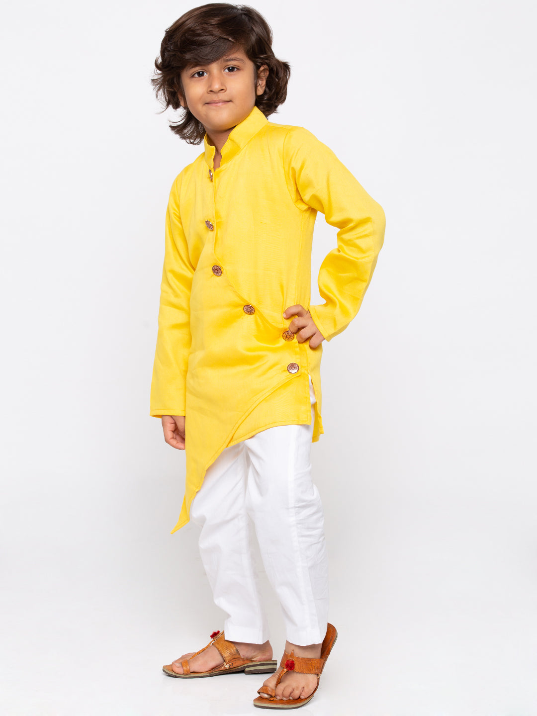JBN CREATION Boys' Yellow Cotton Silk Kurta and Pyjama Set