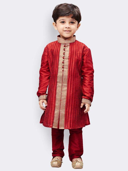 Vastramay Boys' Maroon Cotton Silk Kurta and Pyjama Set