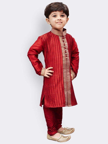 Vastramay Boys' Maroon Cotton Silk Kurta and Pyjama Set