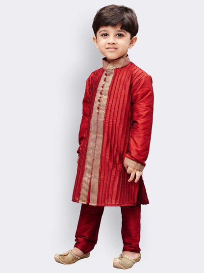 Vastramay Boys' Maroon Cotton Silk Kurta and Pyjama Set