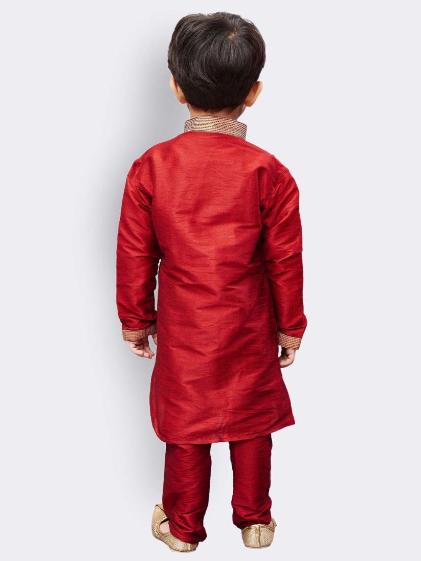 Vastramay Boys' Maroon Cotton Silk Kurta and Pyjama Set