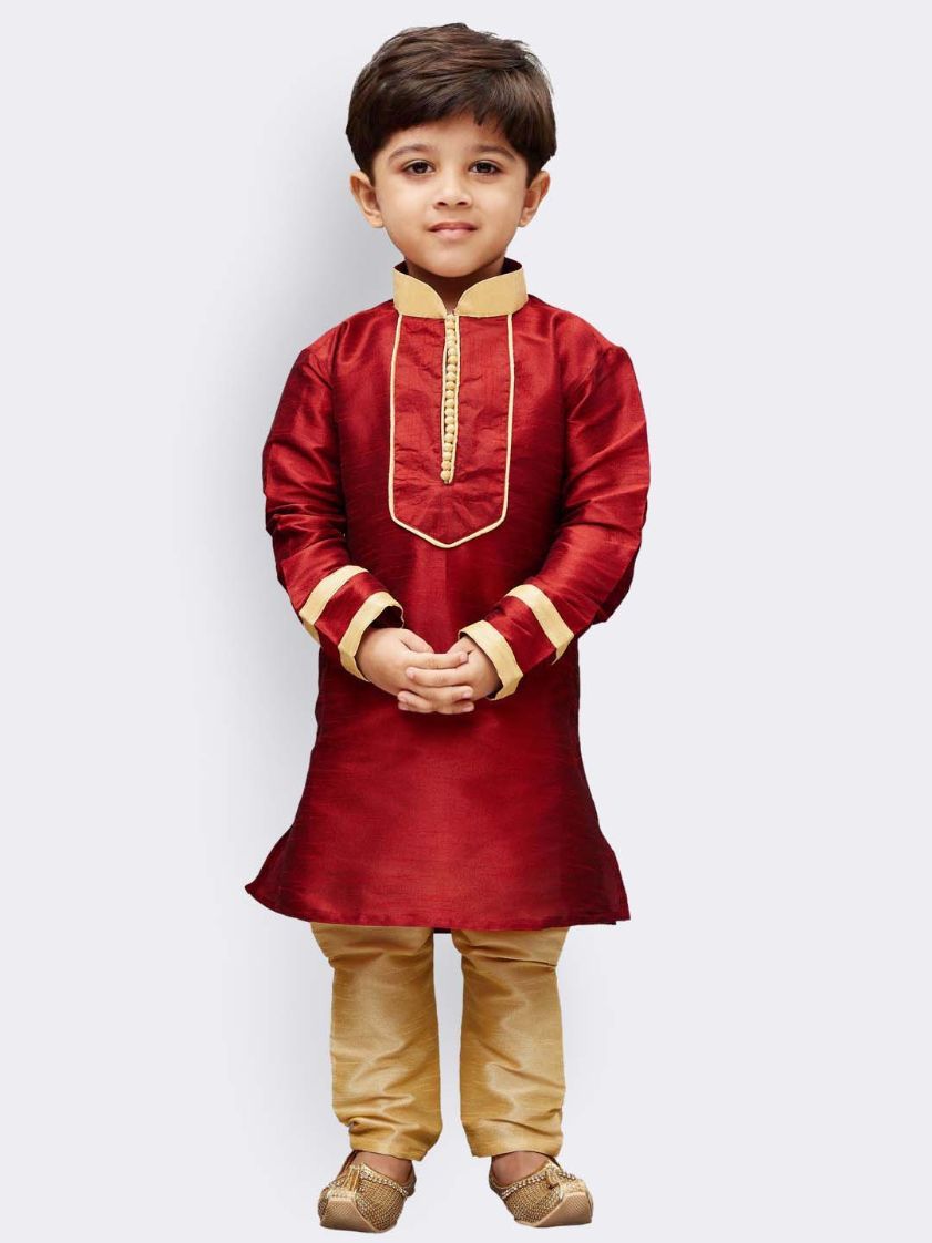 Vastramay Boys' Maroon Cotton Silk Kurta and Pyjama Set