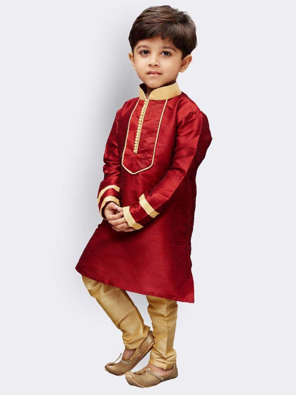 Vastramay Boys' Maroon Cotton Silk Kurta and Pyjama Set