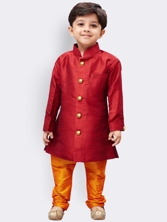 Vastramay Boys' Maroon Silk Blend Kurta Pyjama Set