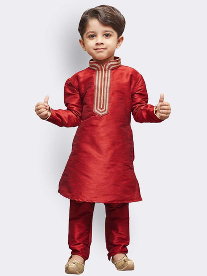 Vastramay Boys' Maroon Cotton Silk Kurta and Pyjama Set