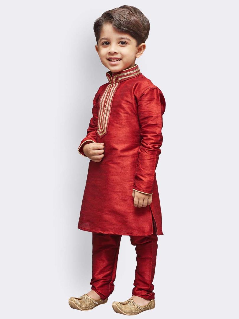 Vastramay Boys' Maroon Cotton Silk Kurta and Pyjama Set