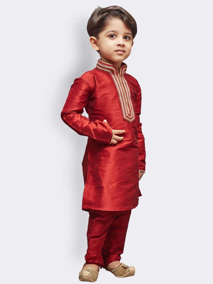 Vastramay Boys' Maroon Cotton Silk Kurta and Pyjama Set