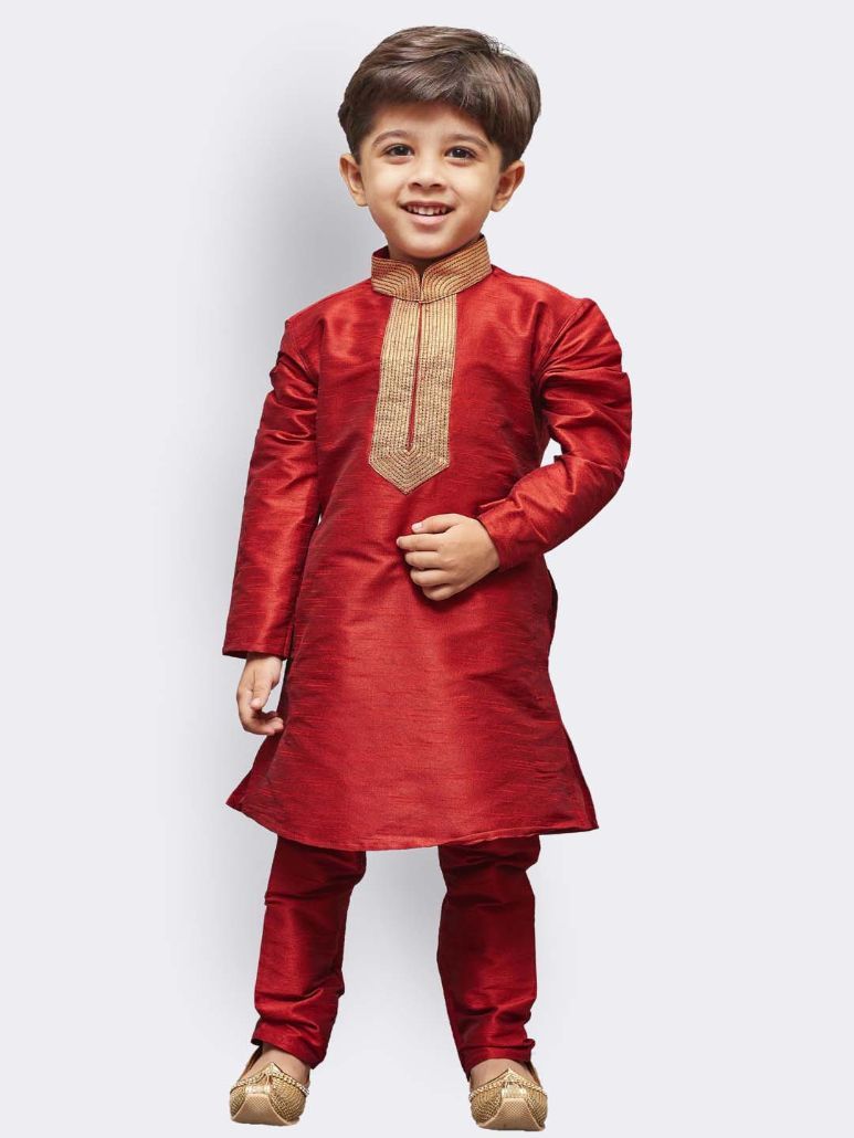 Vastramay Boys' Maroon Cotton Silk Kurta and Pyjama Set