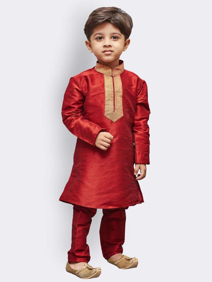 Vastramay Boys' Maroon Cotton Silk Kurta and Pyjama Set