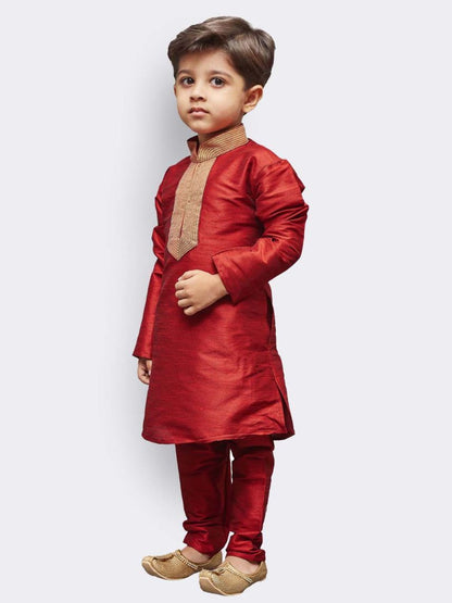 Vastramay Boys' Maroon Cotton Silk Kurta and Pyjama Set