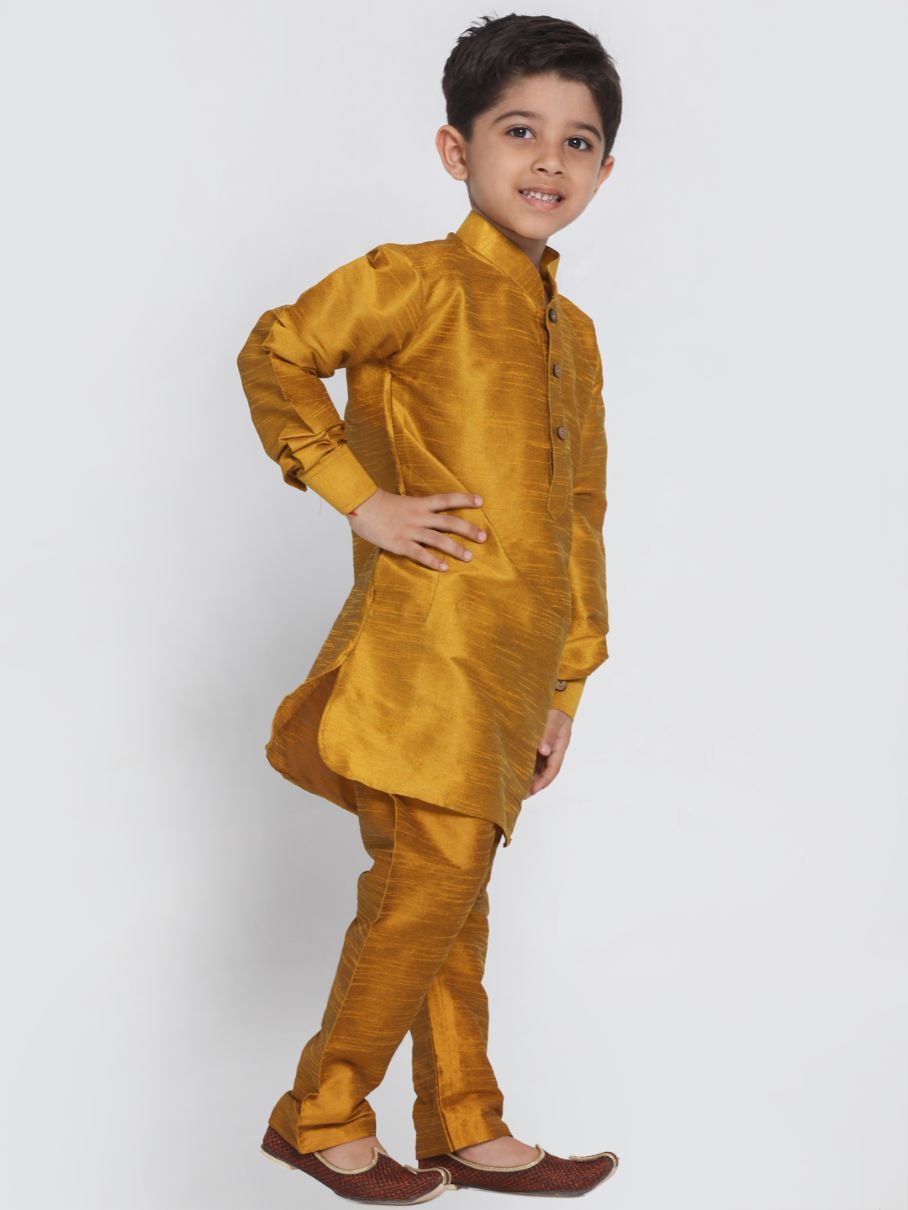 Vastramay Boys' Yellow Cotton Silk Blend Kurta and Pyjama Set