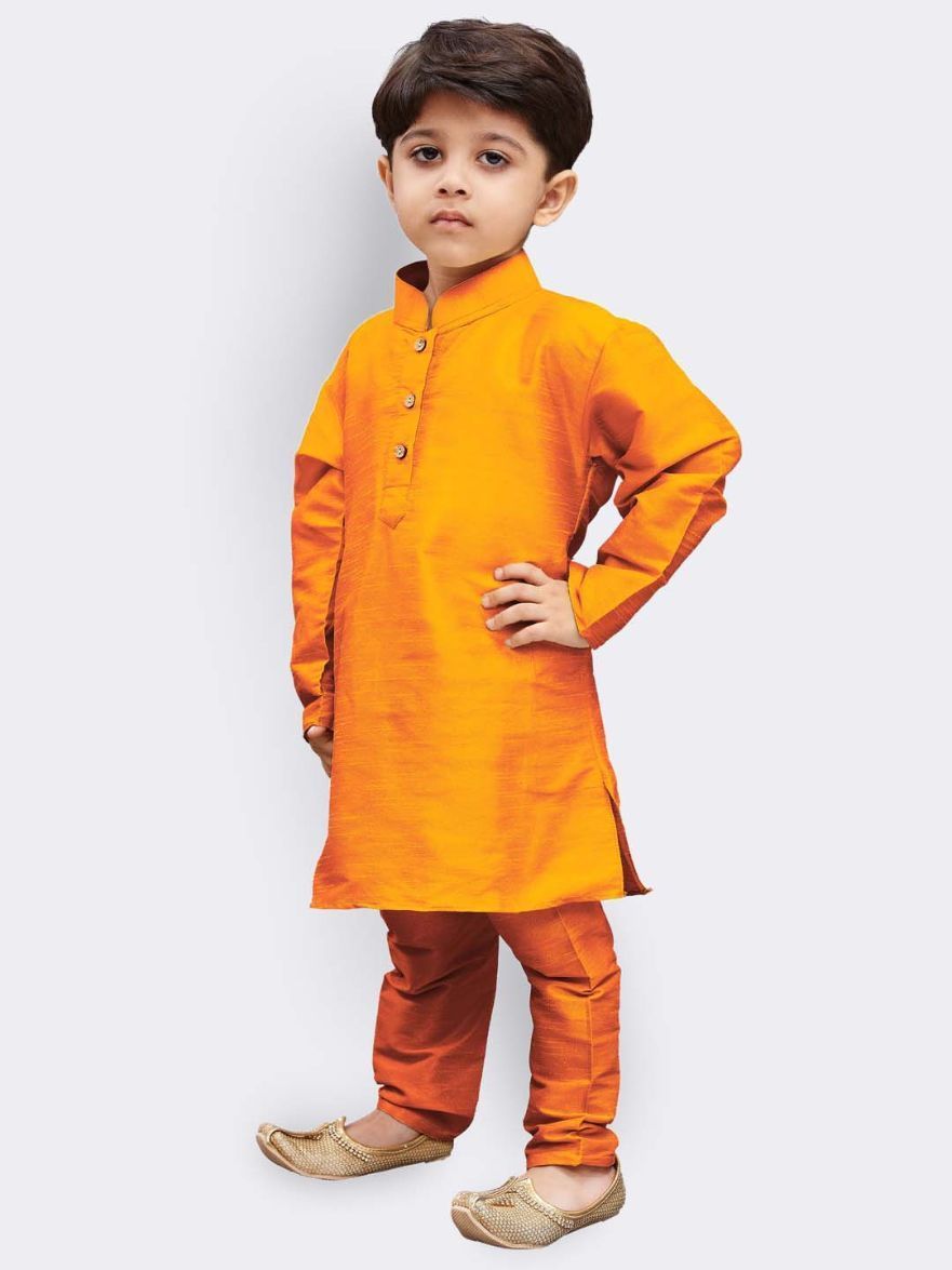 Vastramay Boys' Orange Cotton Silk Kurta and Pyjama Set