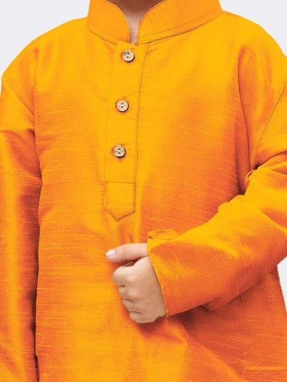 Vastramay Boys' Orange Cotton Silk Kurta and Pyjama Set