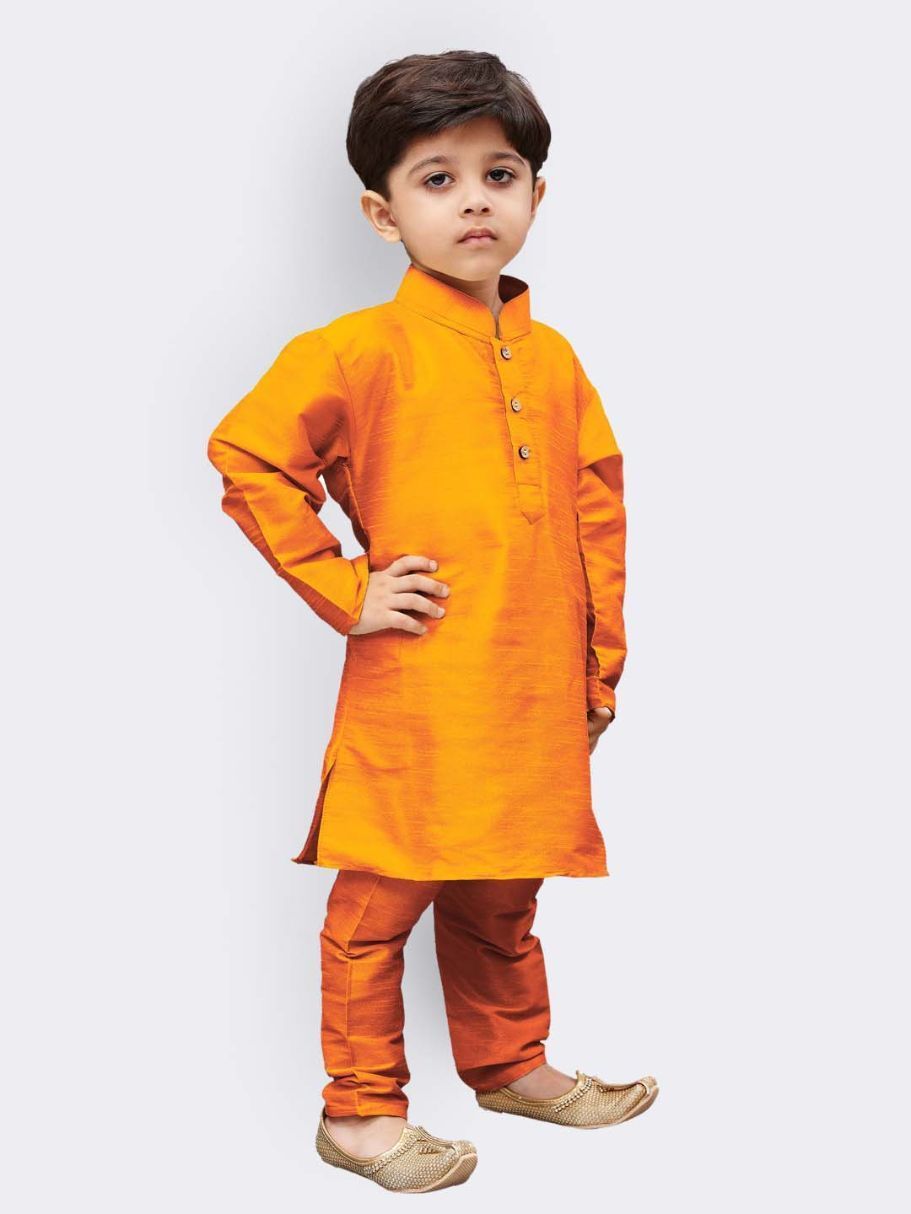 Vastramay Boys' Orange Cotton Silk Kurta and Pyjama Set