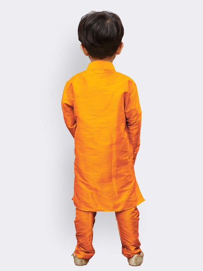 Vastramay Boys' Orange Cotton Silk Kurta and Pyjama Set