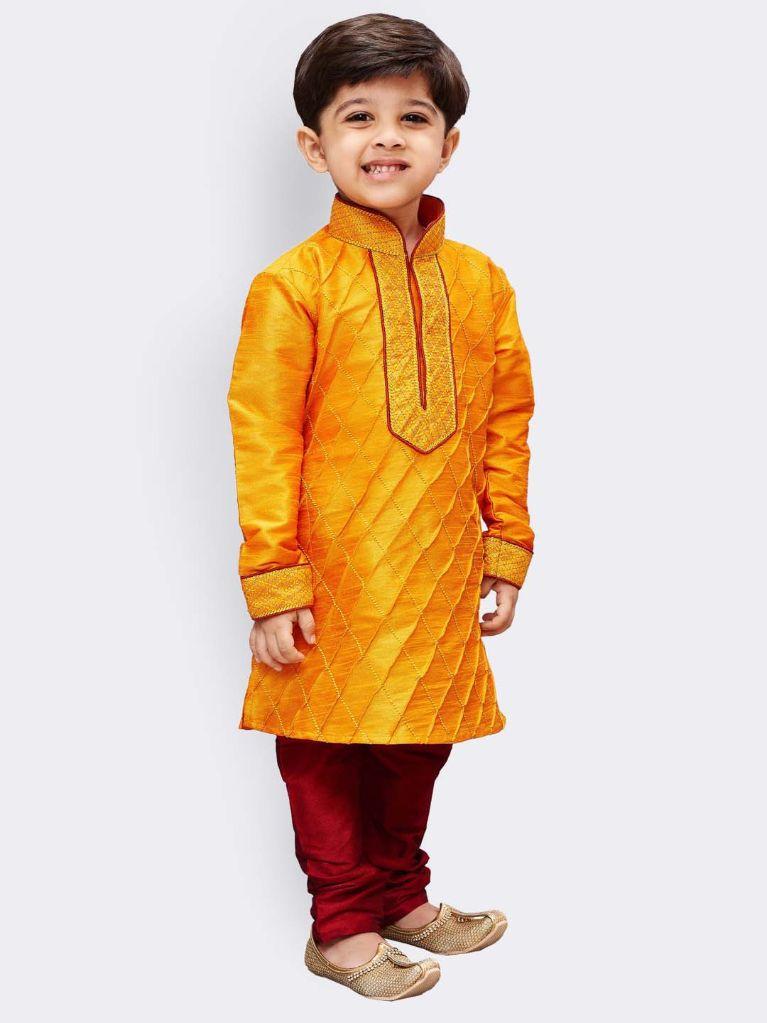 Vastramay Boys' Yellow Cotton Silk Kurta and Pyjama Set