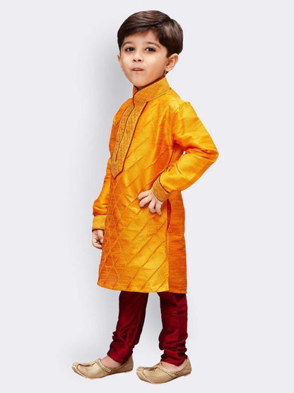 Vastramay Boys' Yellow Cotton Silk Kurta and Pyjama Set