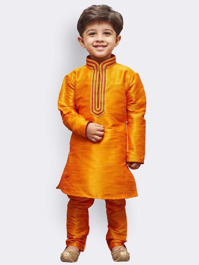 Vastramay Boys' Yellow Cotton Silk Kurta and Pyjama Set