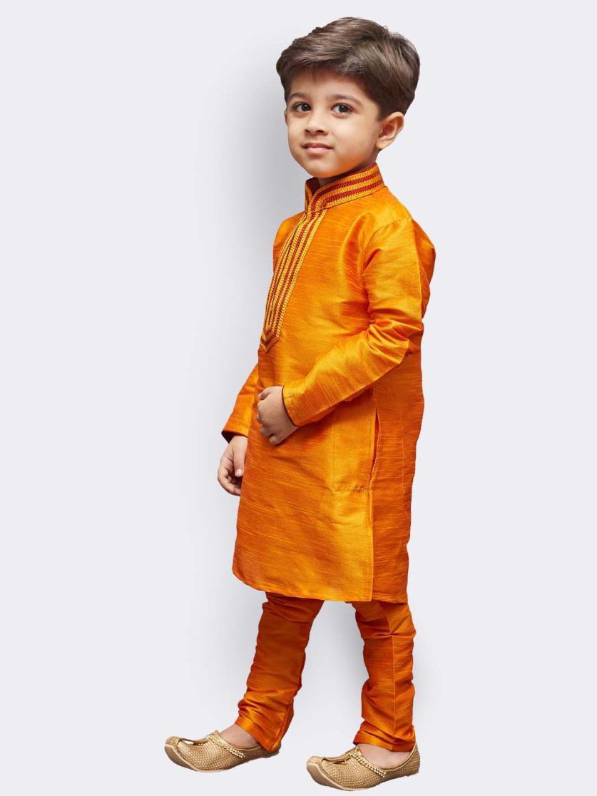 Vastramay Boys' Yellow Cotton Silk Kurta and Pyjama Set