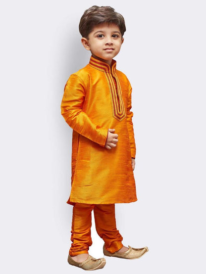 Vastramay Boys' Yellow Cotton Silk Kurta and Pyjama Set